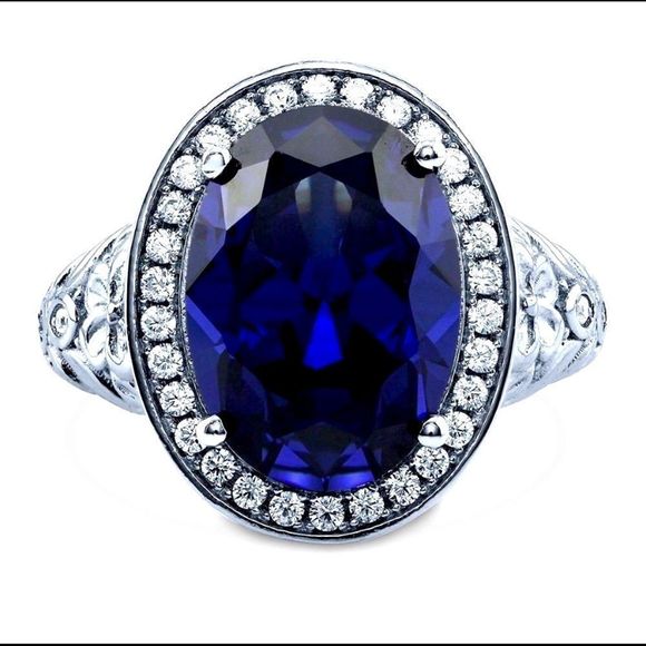 BNIB! BERRICLE STERLING SILVER OVAL SIMULATED SAPPHIRE RHODIUM PLTD RING- SIZE 6 - Picture 1 of 15